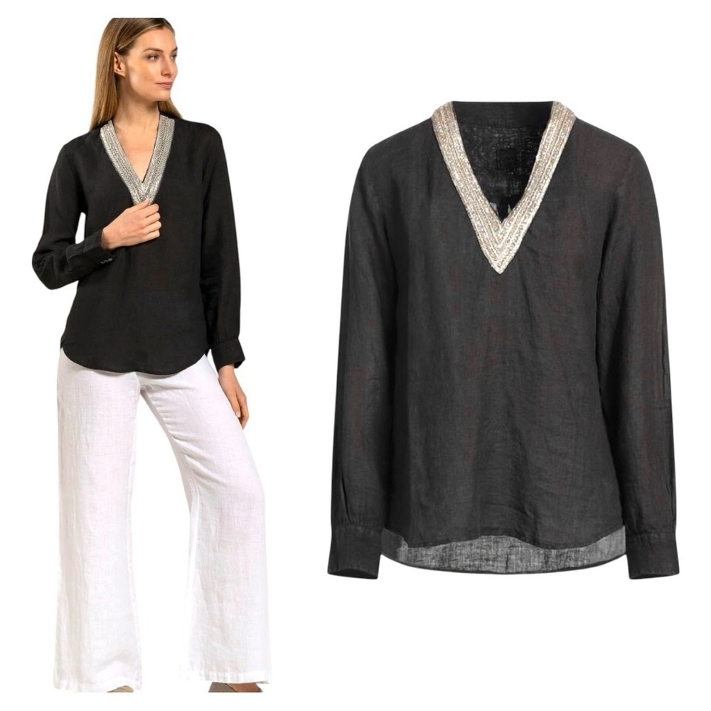 120% LINO Long Sleeve Blouse V-Neck Sequin Embellished Popover Linen Shirt NEW